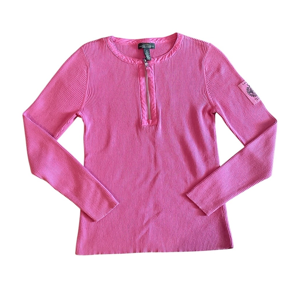 Vtg LRL Lauren Ralph Lauren Med Hot Pink‎ 1/4 Zip Long Sleeve Racing Team Preppy